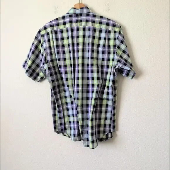 Thomas Dean Men's Short Sleeve Button-Down Shirt Medium Blue Green Collared - Picture 3 of 8